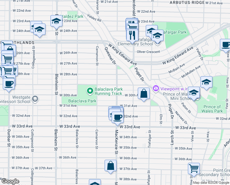 map of restaurants, bars, coffee shops, grocery stores, and more near 2907 West 30th Avenue in Vancouver
