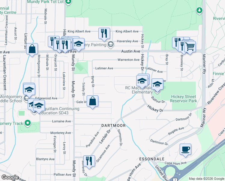 map of restaurants, bars, coffee shops, grocery stores, and more near 2386 Shawna Way in Coquitlam
