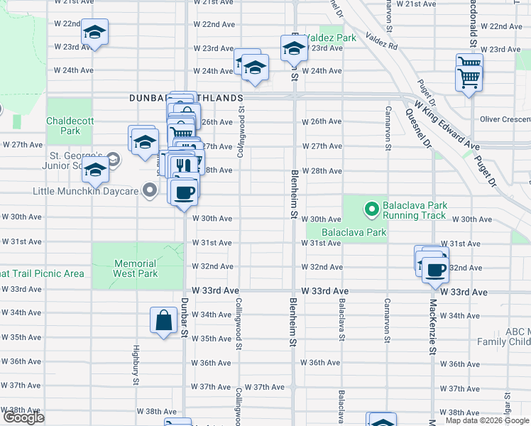 map of restaurants, bars, coffee shops, grocery stores, and more near 3393 West 30th Avenue in Vancouver