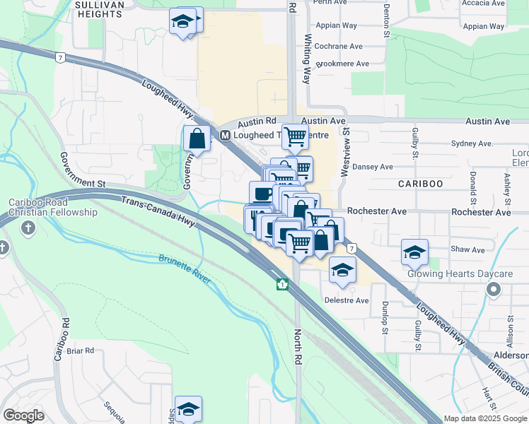 map of restaurants, bars, coffee shops, grocery stores, and more near 9867 Belfriar Drive in Burnaby