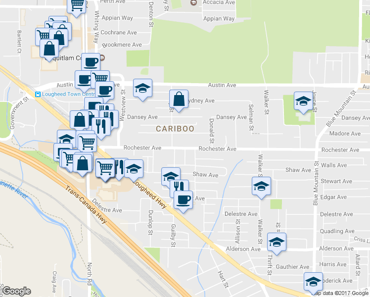 map of restaurants, bars, coffee shops, grocery stores, and more near 630 Rochester Avenue in Coquitlam