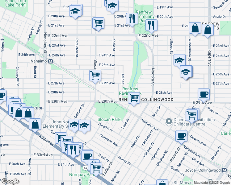 map of restaurants, bars, coffee shops, grocery stores, and more near 4340 Kaslo Street in Vancouver