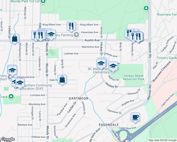 map of restaurants, bars, coffee shops, grocery stores, and more near 2419 Shawna Way in Coquitlam