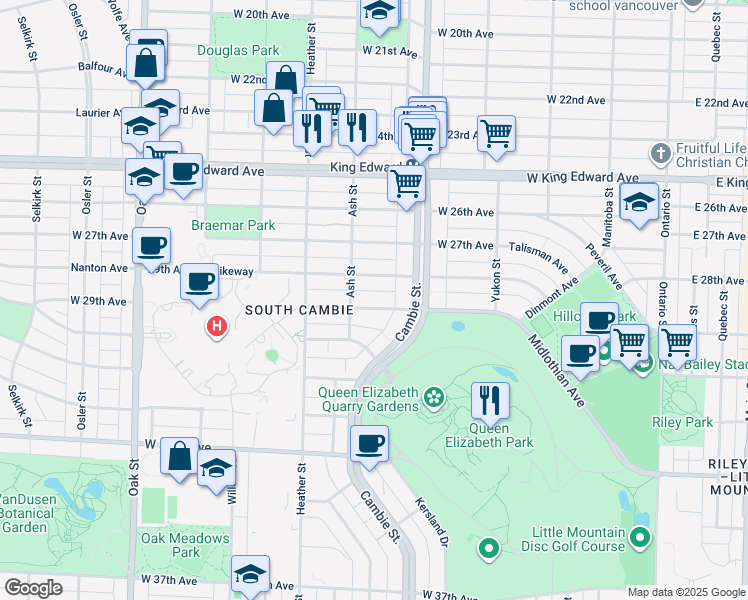 map of restaurants, bars, coffee shops, grocery stores, and more near 561 West 29th Avenue in Vancouver