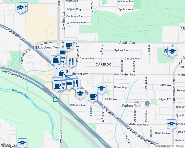 map of restaurants, bars, coffee shops, grocery stores, and more near 381 Clayton Street in Coquitlam