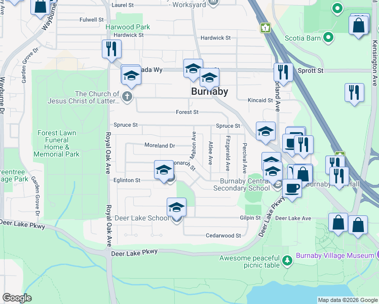 map of restaurants, bars, coffee shops, grocery stores, and more near 4325 Mahon Avenue in Burnaby
