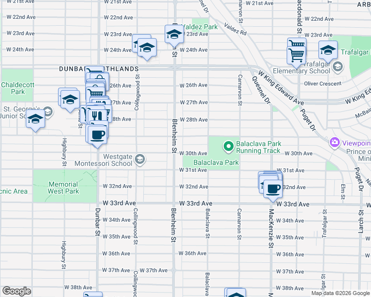 map of restaurants, bars, coffee shops, grocery stores, and more near 3281 West 30th Avenue in Vancouver