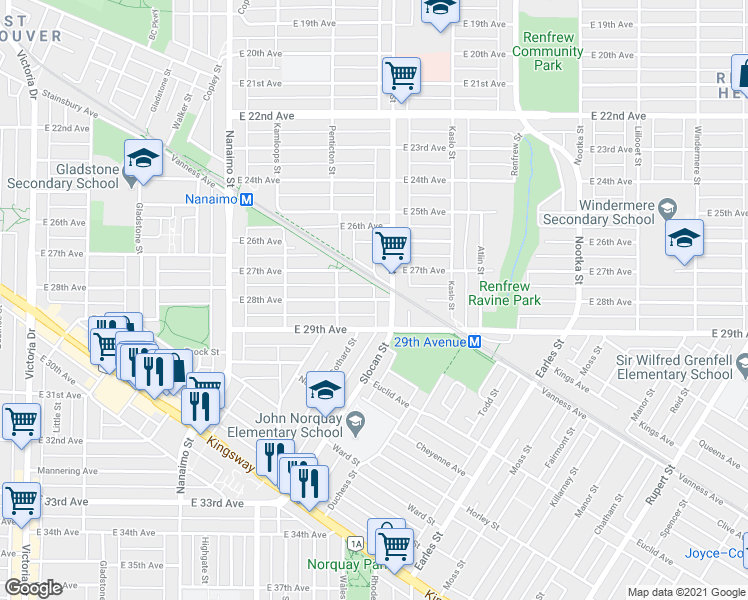 map of restaurants, bars, coffee shops, grocery stores, and more near 2614 East 28th Avenue in Vancouver