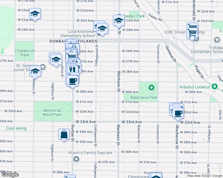 map of restaurants, bars, coffee shops, grocery stores, and more near 3337 West 30th Avenue in Vancouver