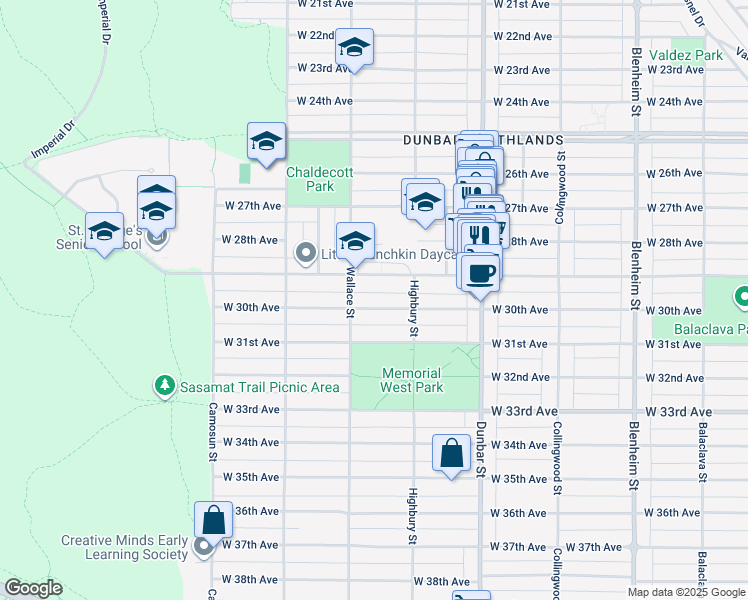 map of restaurants, bars, coffee shops, grocery stores, and more near 3863 West 30th Avenue in Vancouver