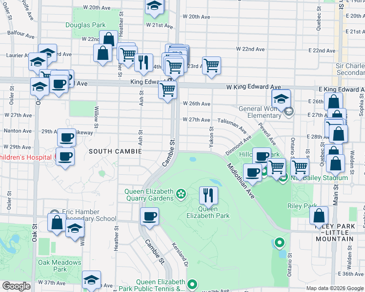 map of restaurants, bars, coffee shops, grocery stores, and more near 4488 Cambie Street in Vancouver