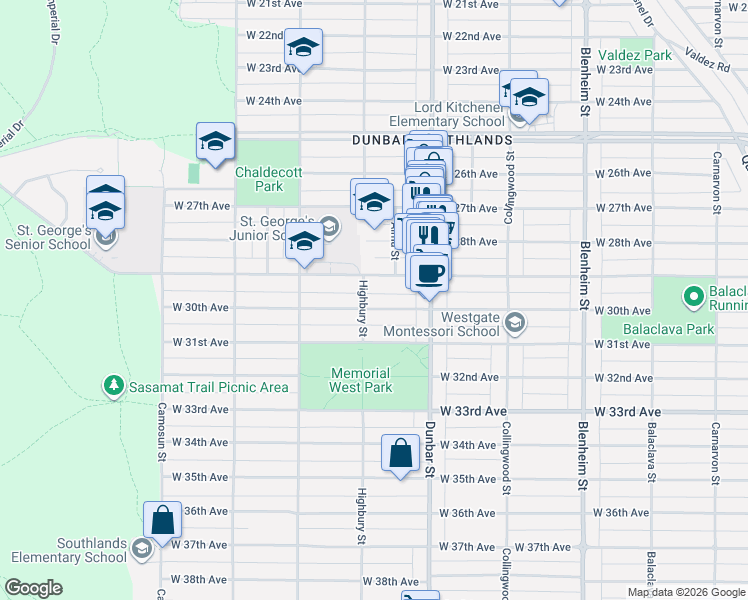map of restaurants, bars, coffee shops, grocery stores, and more near 3771 West 30th Avenue in Vancouver