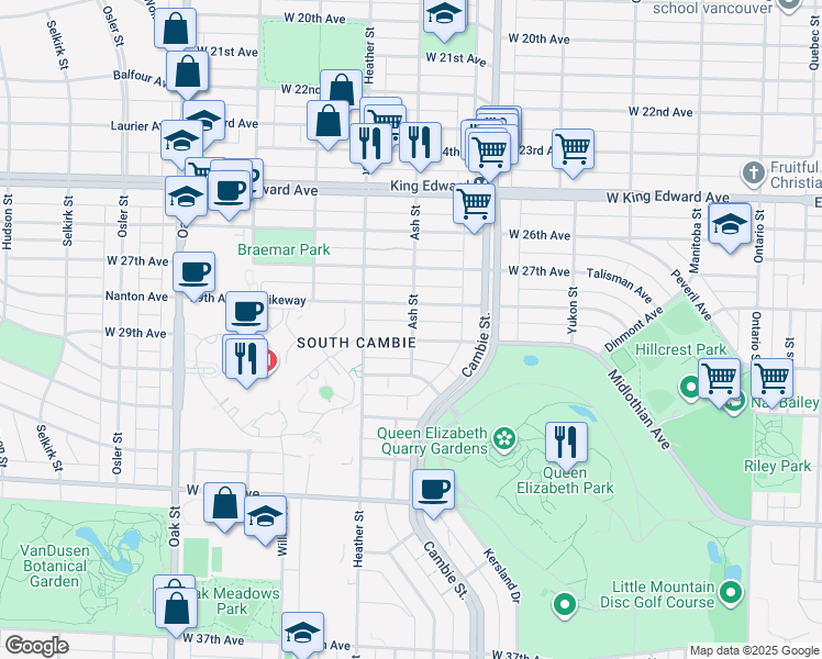 map of restaurants, bars, coffee shops, grocery stores, and more near 595 West 29th Avenue in Vancouver