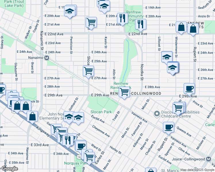 map of restaurants, bars, coffee shops, grocery stores, and more near 4336 Kaslo Street in Vancouver