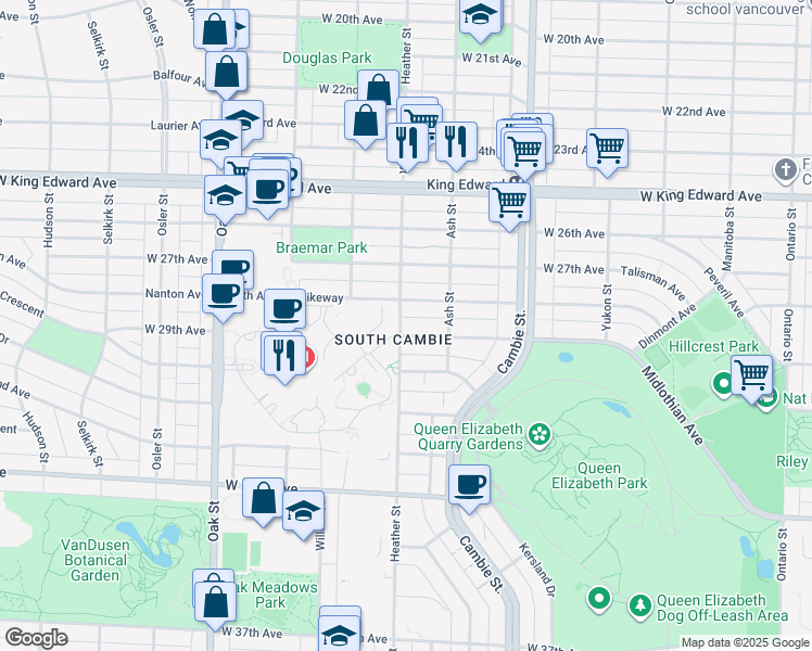 map of restaurants, bars, coffee shops, grocery stores, and more near 699 West 29th Avenue in Vancouver