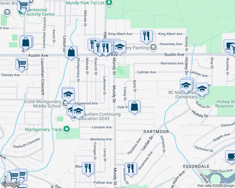 map of restaurants, bars, coffee shops, grocery stores, and more near 419 Mundy Street in Coquitlam