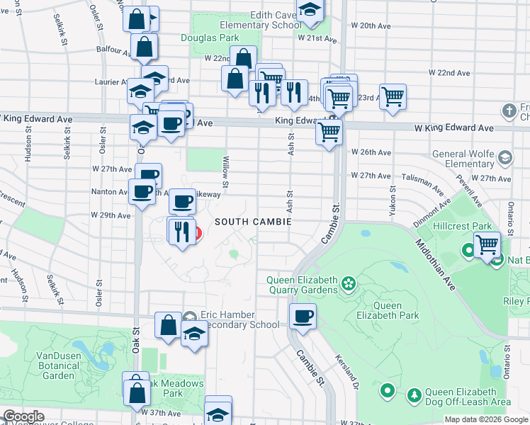 map of restaurants, bars, coffee shops, grocery stores, and more near 679 West 29th Avenue in Vancouver