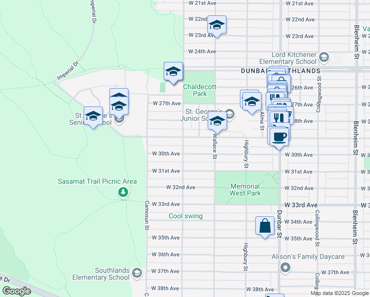 map of restaurants, bars, coffee shops, grocery stores, and more near 4550 Crown Street in Vancouver