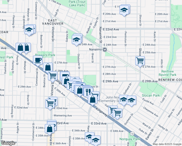 map of restaurants, bars, coffee shops, grocery stores, and more near 2312 East 28th Avenue in Vancouver