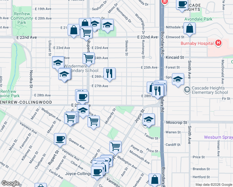 map of restaurants, bars, coffee shops, grocery stores, and more near 3447 East 28th Avenue in Vancouver