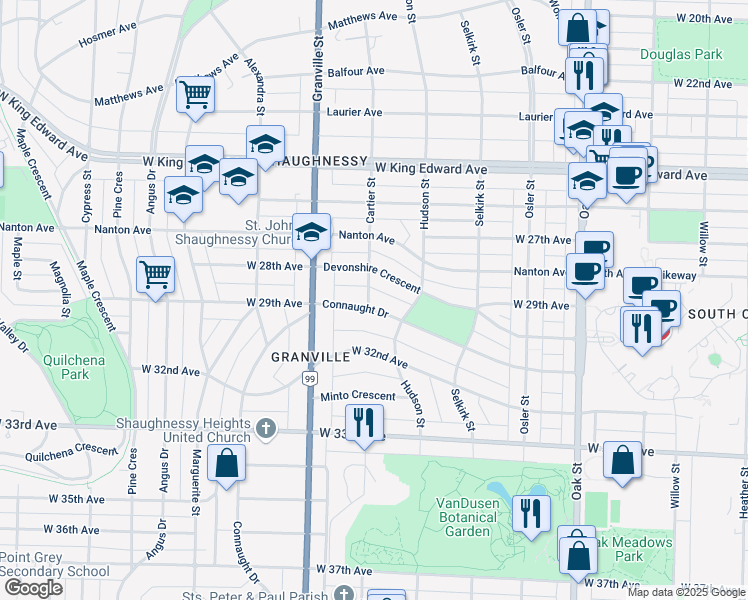 map of restaurants, bars, coffee shops, grocery stores, and more near 4476 Cartier Street in Vancouver