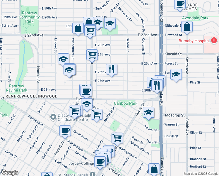 map of restaurants, bars, coffee shops, grocery stores, and more near 3387 East 28th Avenue in Vancouver