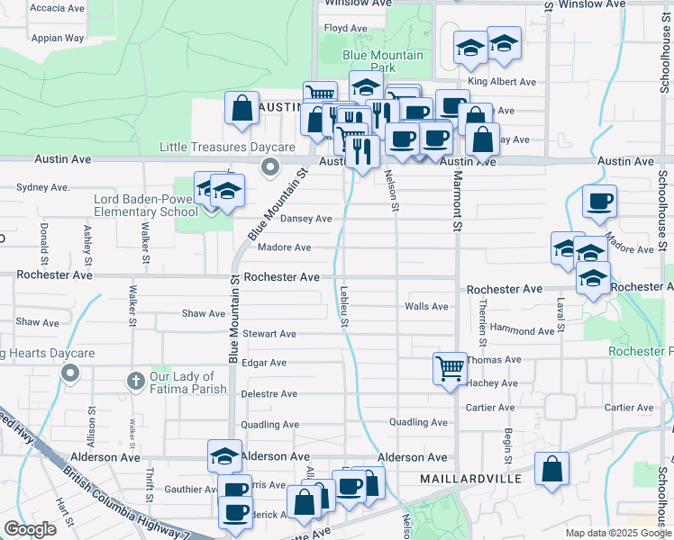 map of restaurants, bars, coffee shops, grocery stores, and more near 971 Rochester Avenue in Coquitlam