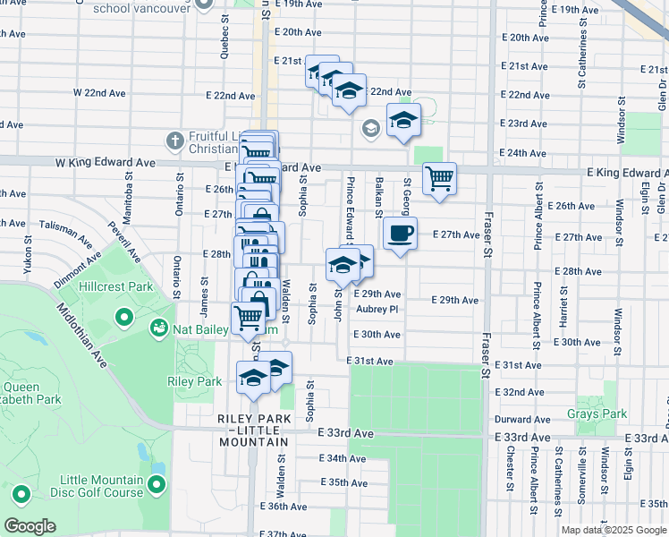 map of restaurants, bars, coffee shops, grocery stores, and more near 374 East 28th Avenue in Vancouver