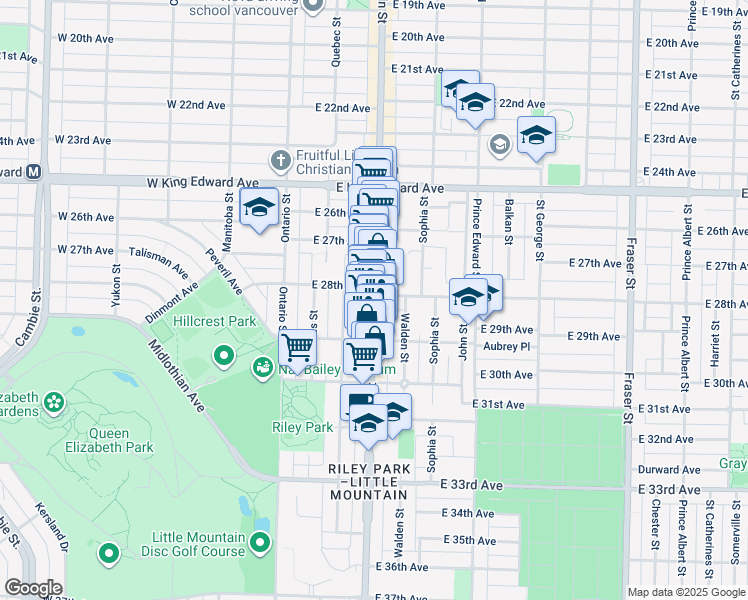 map of restaurants, bars, coffee shops, grocery stores, and more near Main Street in Vancouver