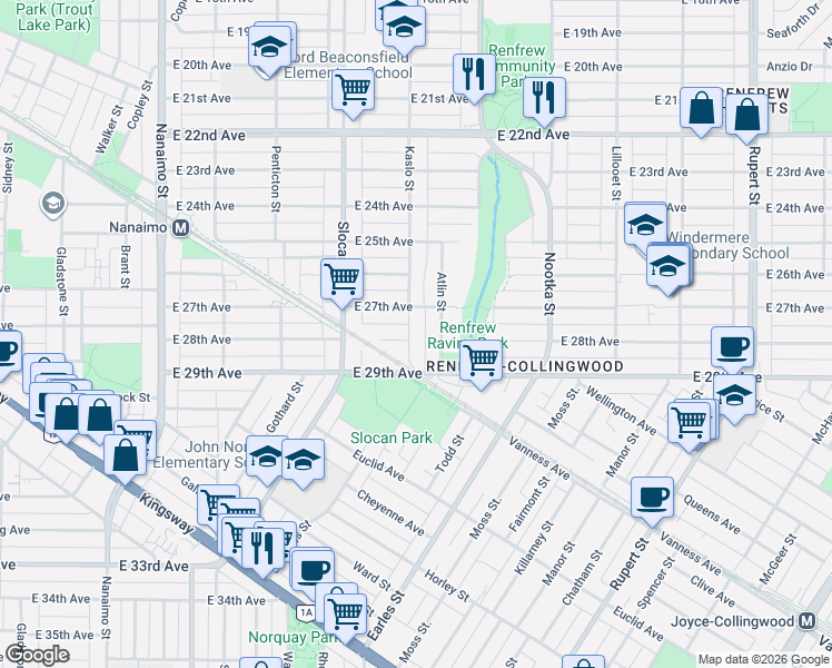 map of restaurants, bars, coffee shops, grocery stores, and more near 4332 Kaslo Street in Vancouver