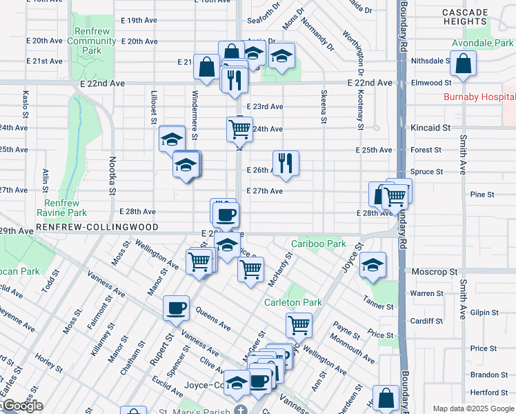 map of restaurants, bars, coffee shops, grocery stores, and more near 3333 East 28th Avenue in Vancouver
