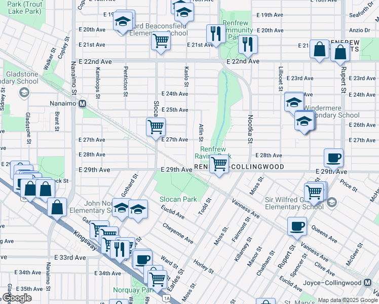 map of restaurants, bars, coffee shops, grocery stores, and more near 4332 Kaslo Street in Vancouver