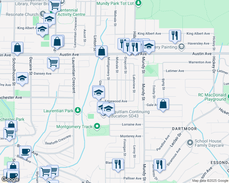 map of restaurants, bars, coffee shops, grocery stores, and more near 428 Midvale Street in Coquitlam