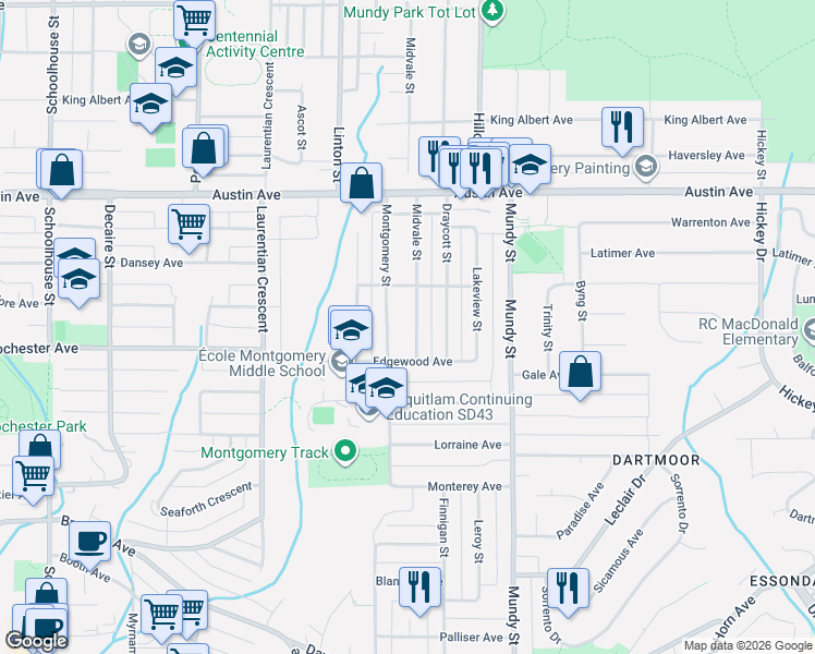 map of restaurants, bars, coffee shops, grocery stores, and more near 428 Midvale Street in Coquitlam
