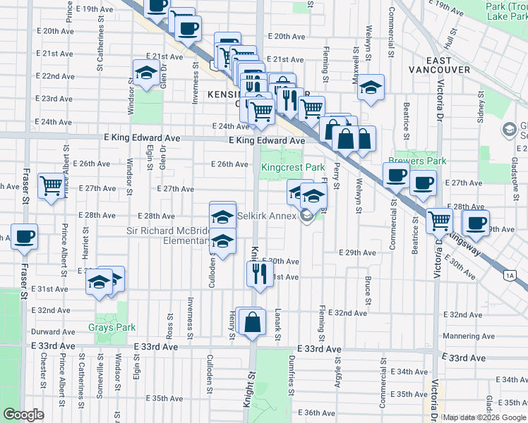 map of restaurants, bars, coffee shops, grocery stores, and more near 1407 East 28th Avenue in Vancouver