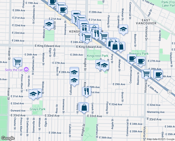 map of restaurants, bars, coffee shops, grocery stores, and more near 1403 East 28th Avenue in Vancouver