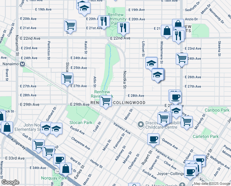 map of restaurants, bars, coffee shops, grocery stores, and more near 2941 East 28th Avenue in Vancouver