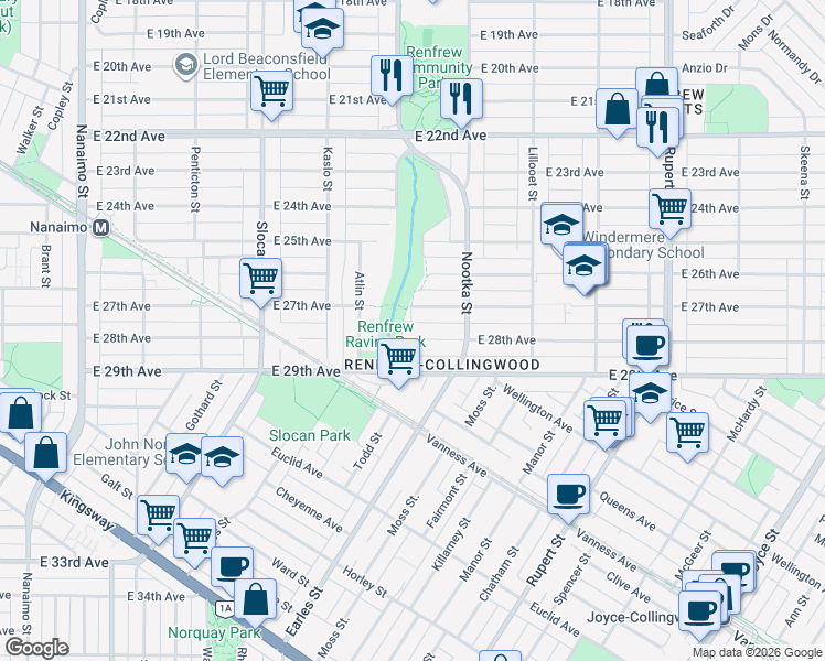 map of restaurants, bars, coffee shops, grocery stores, and more near 2917 East 28th Avenue in Vancouver