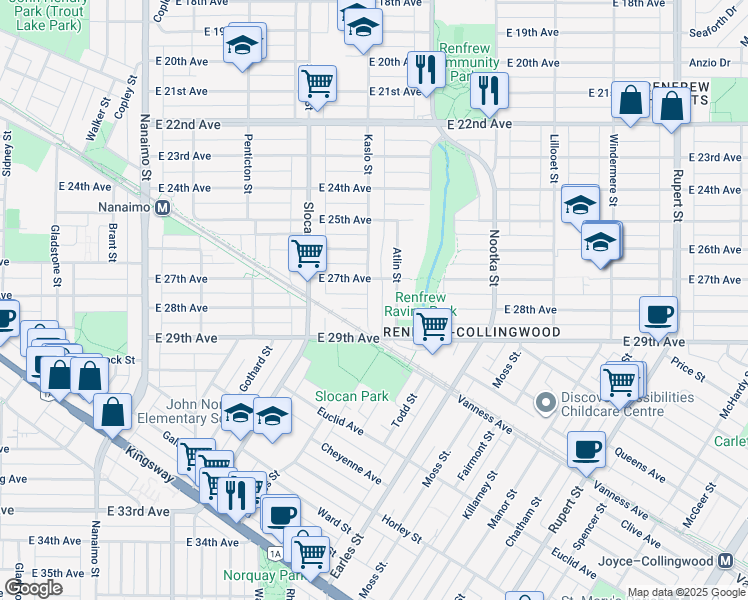 map of restaurants, bars, coffee shops, grocery stores, and more near 4330 Kaslo Street in Vancouver