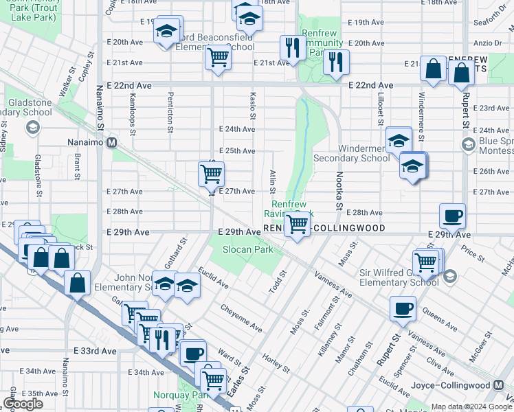 map of restaurants, bars, coffee shops, grocery stores, and more near 4330 Kaslo Street in Vancouver