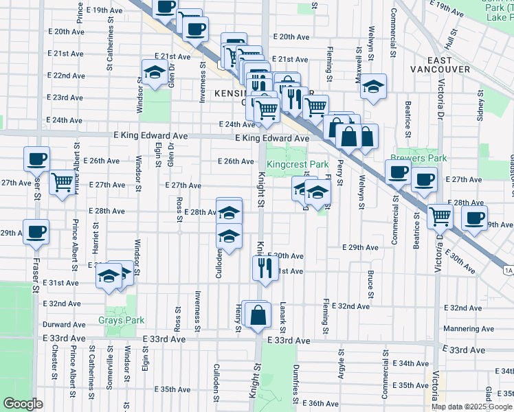 map of restaurants, bars, coffee shops, grocery stores, and more near 4381 Knight Street in Vancouver