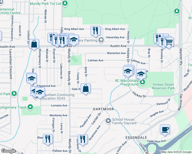 map of restaurants, bars, coffee shops, grocery stores, and more near 2294 Stanwood Avenue in Coquitlam