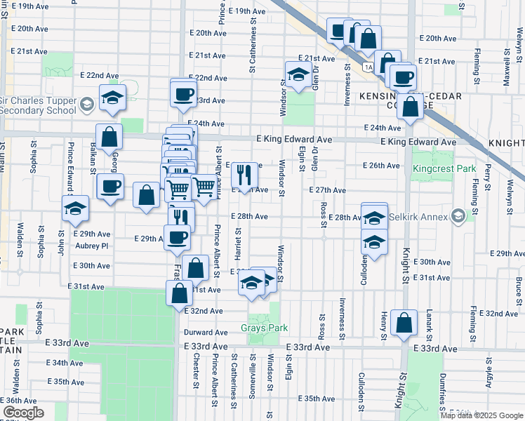 map of restaurants, bars, coffee shops, grocery stores, and more near in Vancouver