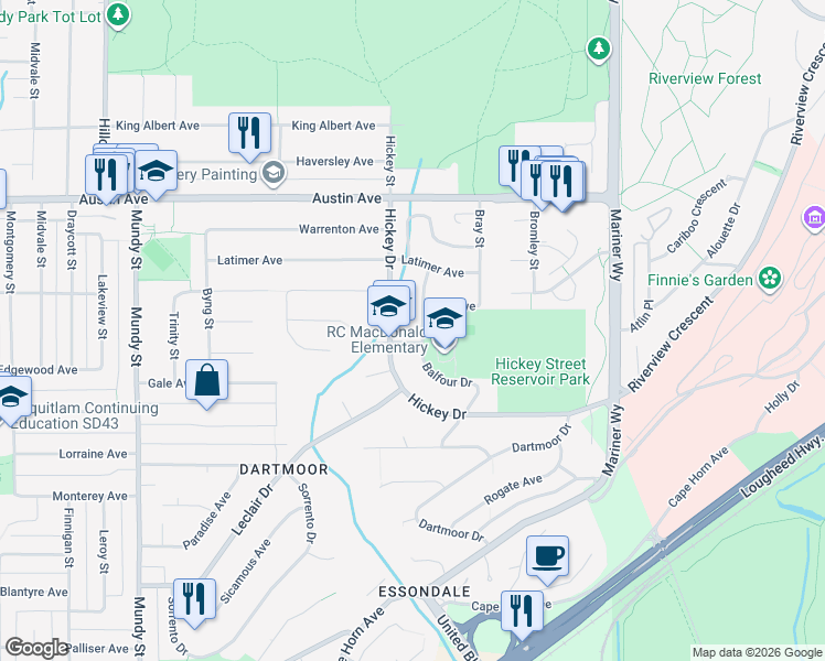 map of restaurants, bars, coffee shops, grocery stores, and more near 412 Balfour Drive in Coquitlam