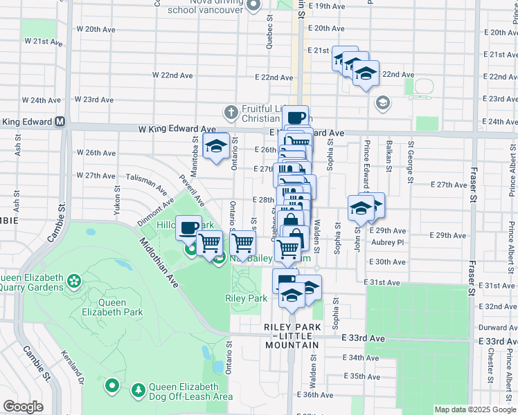 map of restaurants, bars, coffee shops, grocery stores, and more near 4418 James Street in Vancouver