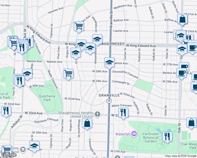 map of restaurants, bars, coffee shops, grocery stores, and more near 1575 West 29th Avenue in Vancouver