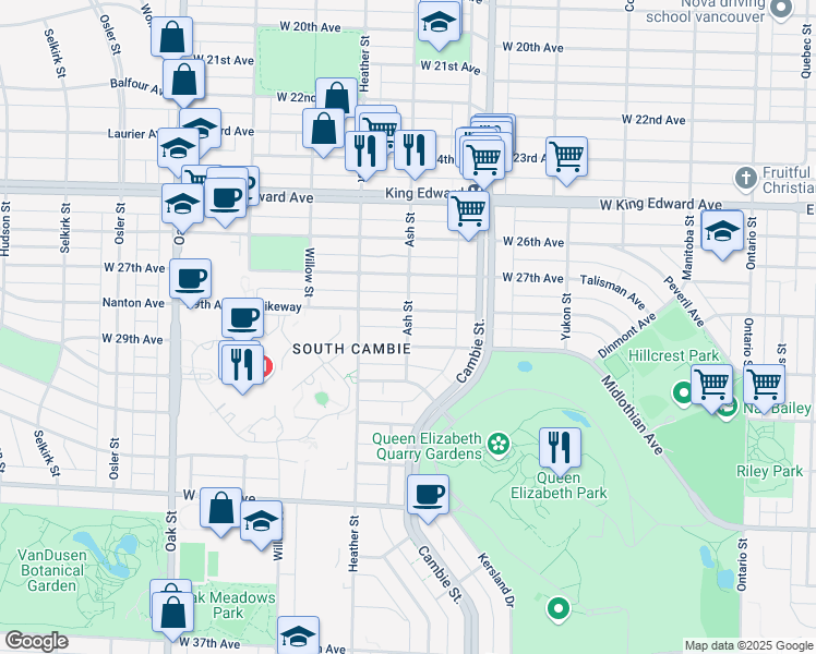 map of restaurants, bars, coffee shops, grocery stores, and more near Ash Street in Vancouver
