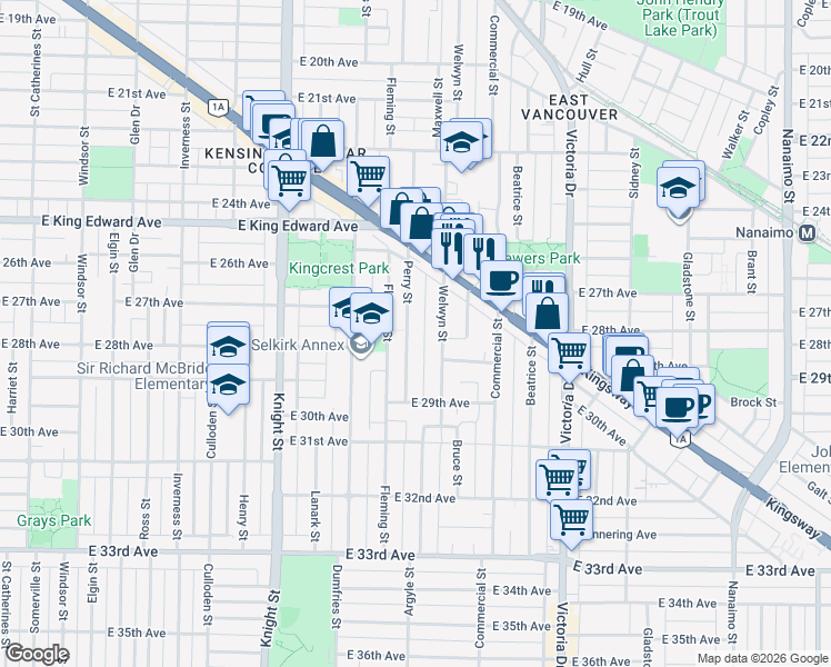 map of restaurants, bars, coffee shops, grocery stores, and more near 4382 Perry Street in Vancouver
