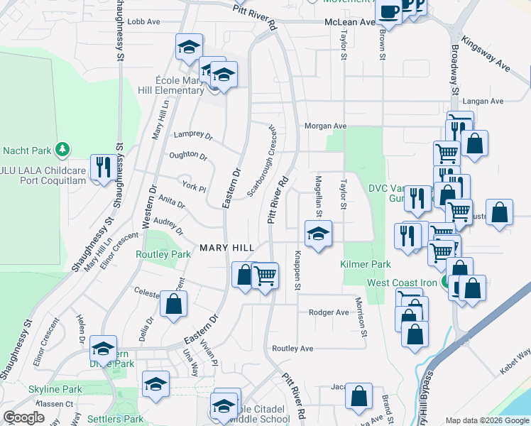 map of restaurants, bars, coffee shops, grocery stores, and more near 1630 Pitt River Road in Port Coquitlam