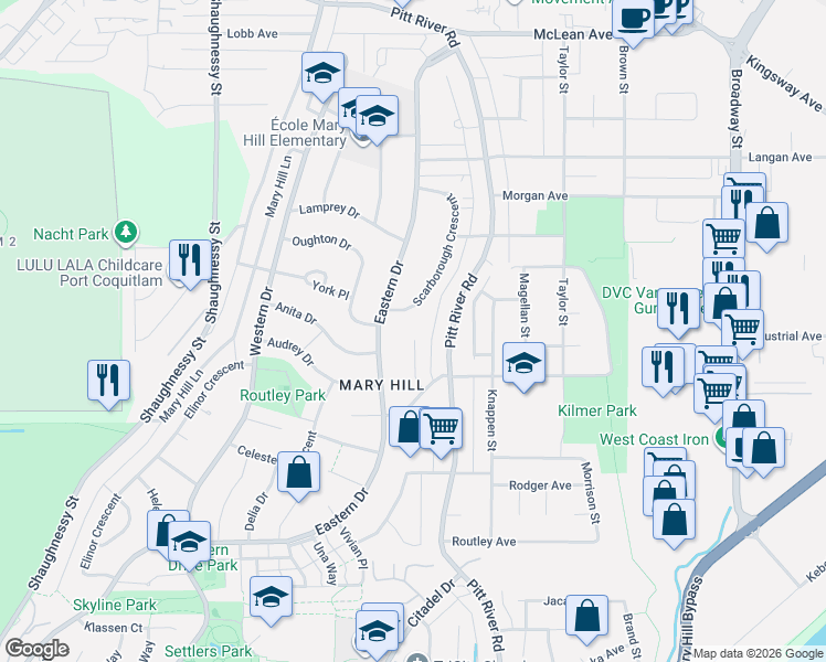 map of restaurants, bars, coffee shops, grocery stores, and more near 1636 Scarborough Crescent in Port Coquitlam